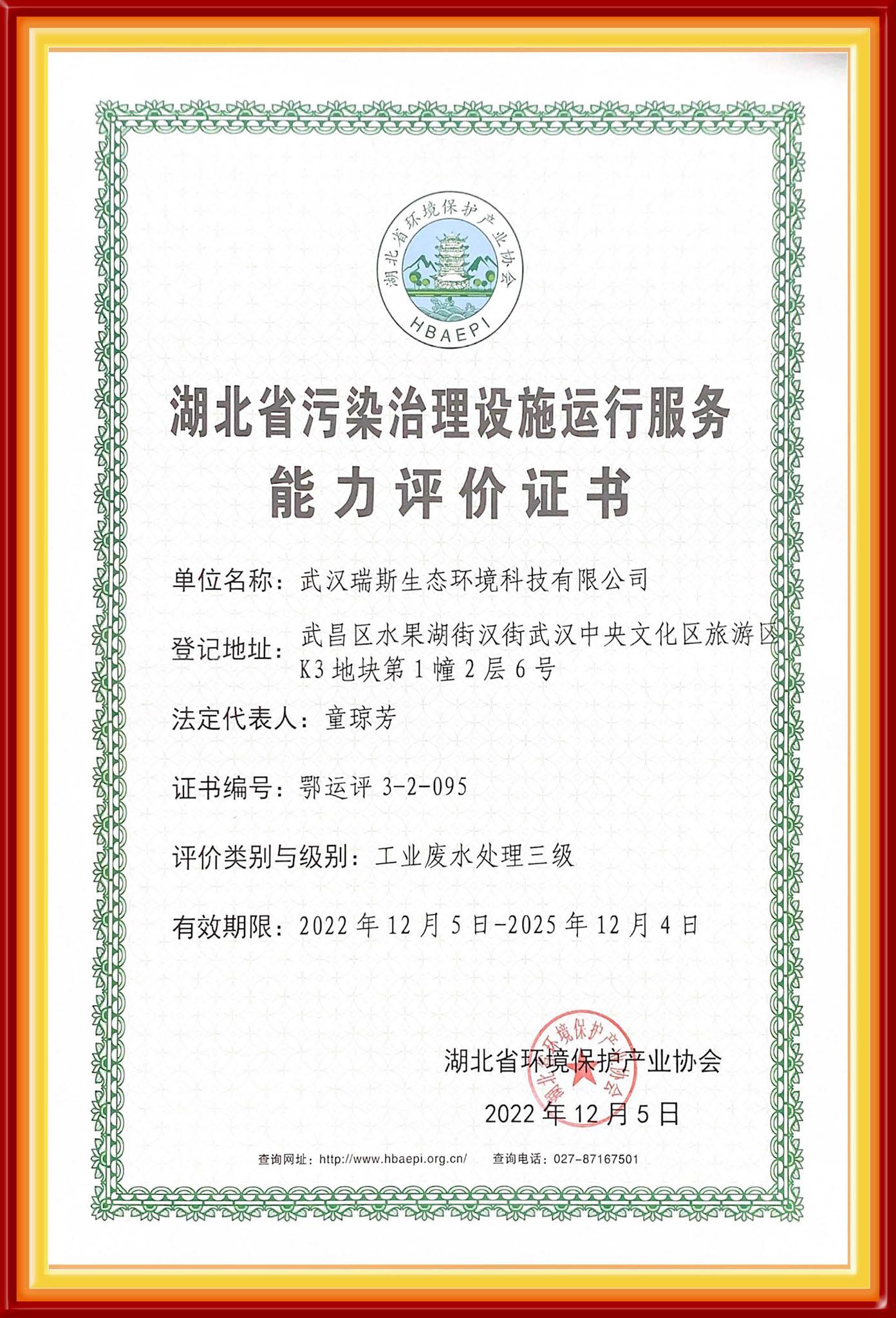 湖北省污染治理设施运行服务证书-工业废水处理三级